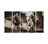 bilderfelix Quadro su tela Due cavalieri a cavallo assaltano il castello, i guerrieri medievali combattono tra loro - Tela 160x80 cm - 5 pannelli XXL