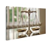 bilderfelix Quadro su tela Giustizia con bilancia riflessa sul tavolo lucido nello studio legale - Tela 80x40 cm