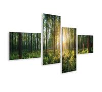 bilderfelix Quadro su tela La luce del sole filtra alberi alti e lussureggianti foreste verdi all'alba vista panoramica - Tela 150x80 cm - 4 pannelli