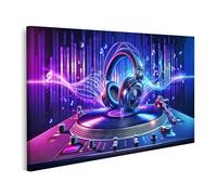 bilderfelix Quadro su tela Musica del DJ sul giradischi ritmi al neon e onde sonore - Tela 100x57 cm