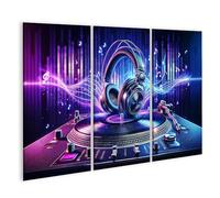 bilderfelix Quadro su tela Musica del DJ sul giradischi ritmi al neon e onde sonore - Tela 130x80 cm - 3 pannelli
