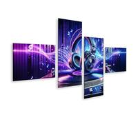 bilderfelix Quadro su tela Musica del DJ sul giradischi ritmi al neon e onde sonore - Tela 150x80 cm - 4 pannelli
