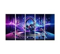 bilderfelix Quadro su tela Musica del DJ sul giradischi ritmi al neon e onde sonore - Tela 160x80 cm - 5 pannelli XXL