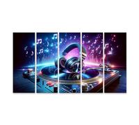 bilderfelix Quadro su tela per le camerette dei bambini Musica vivace sul giradischi del DJ con le cuffie - Tela 160x80 cm - 5 pannelli XXL