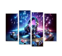 bilderfelix Quadro su tela per le camerette dei bambini Musica vivace sul giradischi del DJ con le cuffie - Tela 130x80 cm - 4 pannelli