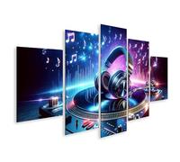bilderfelix Quadro su tela per le camerette dei bambini Musica vivace sul giradischi del DJ con le cuffie - Tela 170x80 cm - 5 pannelli
