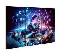 bilderfelix Quadro su tela per le camerette dei bambini Musica vivace sul giradischi del DJ con le cuffie - Tela 130x80 cm - 3 pannelli