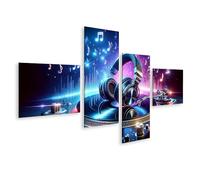 bilderfelix Quadro su tela per le camerette dei bambini Musica vivace sul giradischi del DJ con le cuffie - Tela 150x80 cm - 4 pannelli