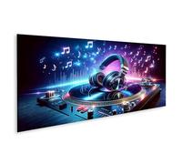 bilderfelix Quadro su tela per le camerette dei bambini Musica vivace sul giradischi del DJ con le cuffie - Tela 120x40 cm - Panorama