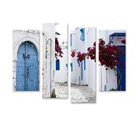 bilderfelix Quadro su tela Porte blu, finestre, muro bianco, edificio Sidi Bou Said, Tunisia - Tela 130x80 cm - 4 pannelli