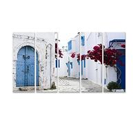 bilderfelix Quadro su tela Porte blu, finestre, muro bianco, edificio Sidi Bou Said, Tunisia - Tela 160x80 cm - 5 pannelli XXL