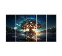 bilderfelix Quadro su tela Yggdrasil Albero Luminoso Vita Odino Sacro Mondo Albero Nordico M - Tela 160x80 cm - 5 pannelli XXL