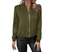 BILIKEYU Giacca in pelle da donna a maniche lunghe, con chiusura lampo, tasca laterale, vintage, corta, in pelle scamosciata, morbida, leggera, da baseball, da motociclista, verde, L