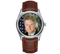 Bill Clinton - Orologio da polso da uomo, casual, impermeabile, al quarzo, con data, classico, in pelle marrone, orologio da polso natalizio, Marrone, Commerciale