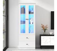 Billg Vetrina in Vetro, Vetrinetta Espositiva con Illuminazione a LED, 2 Ante 2 Cassetti, Ripiani Regolabili Vetrina Armadietto per Soggiorno, Camera da Letto, Ufficio, 60x35.5x165cm, Bianco