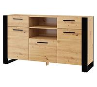 BIM Furniture Comò Nuka - Credenza 45 x 155 x 87 cm con 3 ante e 2 cassetti, per soggiorno e camera da letto con molto spazio - rovere Artisan/nero opaco