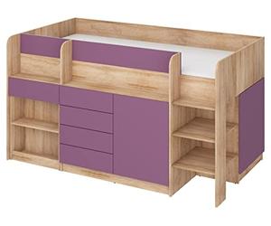 BIM Furniture Letto a castello Smile P, mobili per bambini, set di mobili per la cameretta dei bambini, un letto con scrivania, scaffali, cassetti: lato destro (rovere Sonoma/viola)