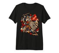 Bin Raider Raccoon Japanese Ukiyo-e Warrior Woodblock Maglietta Premium