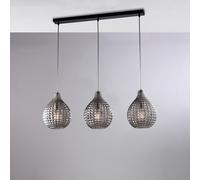 Binario in ferro laccato nero e montatura cromo con cavi elettrici regolabili e diffusori in vetro soffiato grigio specchiato con decoro effetto cristallo 3 luci