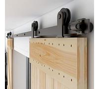 Binario per Porta Scorrevole Doppia 305cm Kit Porta Scorrevole Nera per 2 Porte Scorrevoli Interno Esterno Muro 76cm Larga, Piccola Ruota T-forma