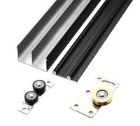 Binario per Porta Scorrevole Kit Doppio Binario Porta Scorrevole Nera Rulli Ottone, Kit Ferramenta Porta Fienile Extra Lunga Alta Capacità Carico, Binario Tagliabile Ante(250cm(98 3/8"))