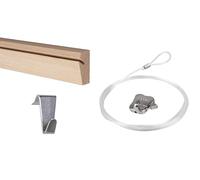 binario per quadri in legno - Binari per appendere - riva 120 cm + gancio riva + un cavo trasparente per quadri 150 cm + e un gancio zipper (set completo)