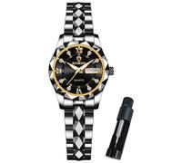 BINBOND Orologio da polso da donna, alla moda, con diamanti, elegante, con data, piccolo, in acciaio inox, due tonalità, impermeabile, luminoso, Orologio nero per le donne, Orologi da donna