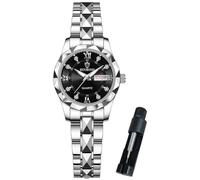 BINBOND Orologio da polso da donna, alla moda, con diamanti, elegante, con data, piccolo, in acciaio inox, due tonalità, impermeabile, luminoso, Orologio da donna Silver Black, Orologi da donna