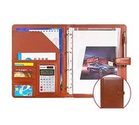 Binder e blocchetto appunti a anello rimovibile, Raccoglitore ad anelli A4 in pelle PU con tasche multiple, passante for penna e 15 pellicole dati multicolore(Brown,12 bit solar calculator)