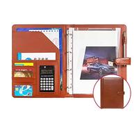 Binder e blocchetto appunti a anello rimovibile, Raccoglitore ad anelli A4 in pelle PU con tasche multiple, passante for penna e 15 pellicole dati multicolore(Brown,12 bit calculator)