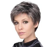 BINDT 6 Pollici Capelli Misti Corto Dritto frangetta da Donna Parrucche testurizzate a Strati Parrucche di Capelli Umani e Fibre chimiche Grigie e Bianche Adatte a Persone di Mezza età e Anziani,H