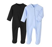 BINIDUCKLING Pigiama unisex per neonati, confezione da 2, comodo, con piedi, tutine in cotone tinta unita da 0 a 12 mesi, Nero+blu, 3 mesi