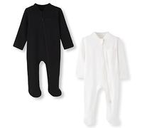 BINIDUCKLING Tutina da Notte con Doppia Cerniera a Due Vie, Pigiama con Piedi e Polsini a muffola, Tutina in Cotone a Maniche Lunghe per Neonati 12 Mesi, Confezione da 2, Nero e Bianco Crema, 3-6