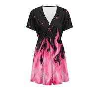 Binienty Abito da donna con scollo a V a maniche corte, vestibilità ampia, stile impero, Fuoco rosa, XL