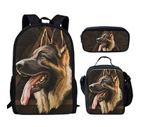 Binienty Borsa a tracolla 3 in 1 per bambini, ragazzi, ragazze, zaino+borsa per il pranzo + astuccio, Pastore tedesco, Taglia unica, moderno