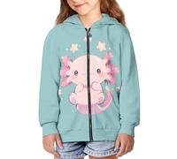 Binienty Felpa con cappuccio con zip per ragazze e ragazzi a maniche lunghe giacca autunnale cappotto per bambini oversize Outwear, Axolotl Verde, 6-8 Years