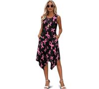 Binienty Maxi prendisole da donna, senza maniche, linea ad A, bohémien, con tasche fluide, orlo a fazzoletto, abito lungo da spiaggia e cocktail, Un nastro rosa per il cancro al seno, 4XL
