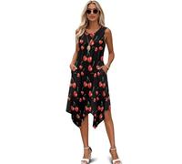 Binienty Maxi prendisole da donna, senza maniche, linea ad A, bohémien, con tasche fluide, orlo a fazzoletto, abito lungo da spiaggia e cocktail, Una ciliegia, 3XL