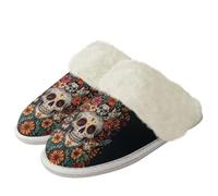 Binienty Pantofole da donna calde senza lacci in memory foam Fuzzy House Shoes, Boho Skull Cat Dog, 41.5/42.5 EU