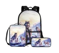 Binienty Set di 3 zaini per la scuola con borsa per il pranzo e astuccio per bambini, ragazze e ragazzi, carini e leggeri, Famiglia lupo, Misura unica, Zaino per bambini