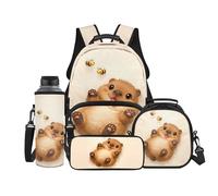 Binienty Set di 4 zaini per la scuola per bambini, con borsa per il pranzo, astuccio e copertura per bottiglia d'acqua, per ragazzi e ragazze, Capibara Con Ape, L, Casual