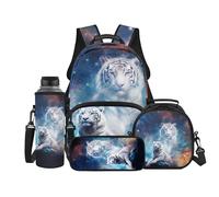 Binienty Set di 4 zaini per la scuola per bambini, con borsa termica per il pranzo, astuccio e porta bottiglia d'acqua, per ragazzi e ragazze, Tigre bianca., L, Casual