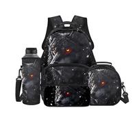 Binienty Set di 4 zaini per la scuola per bambini, con borsa termica per il pranzo, astuccio e porta bottiglia d'acqua, per ragazzi e ragazze, Lupo Nero, L, Casual