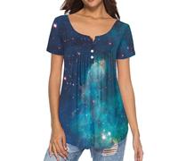 Binienty Top da donna casual eleganti camicette nascondere la pancia tuniche estive a maniche corte camicie da allenamento Henley maglietta per leggings, Galassia, L