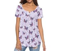 Binienty Top da donna casual eleganti camicette nascondere la pancia tuniche estive a maniche corte camicie da allenamento Henley maglietta per leggings, Farfalle, 3XL