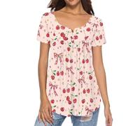 Binienty Top da donna casual eleganti camicette nascondere la pancia tuniche estive a maniche corte camicie da allenamento Henley maglietta per leggings, Ciliegia, M