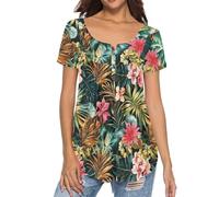 Binienty Top da donna casual eleganti camicette nascondere la pancia tuniche estive a maniche corte camicie da allenamento Henley maglietta per leggings, Fiori tropicali., XL