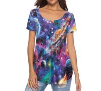 Binienty Top da donna casual eleganti camicette nascondere la pancia tuniche estive a maniche corte camicie da allenamento Henley maglietta per leggings, Sistema solare., XXL