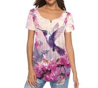 Binienty Top da donna casual eleganti camicette nascondere la pancia tuniche estive a maniche corte camicie da allenamento Henley maglietta per leggings, Colibrì floreale, L