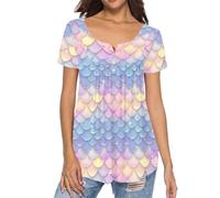 Binienty Top da donna casual eleganti camicette nascondere la pancia tuniche estive a maniche corte camicie da allenamento Henley maglietta per leggings, Stampa squame di pesce, XL